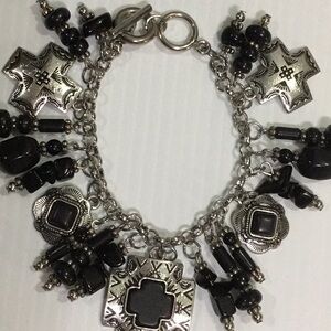 #48 Black and silver charm beaded with crosses classic bracelet.